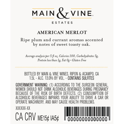 Beringer Main & Vine Merlot California - 1.5L - Back