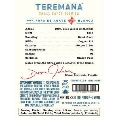 Teremana Tequila Blanco Small Batch 80 - 750ML - Back Label