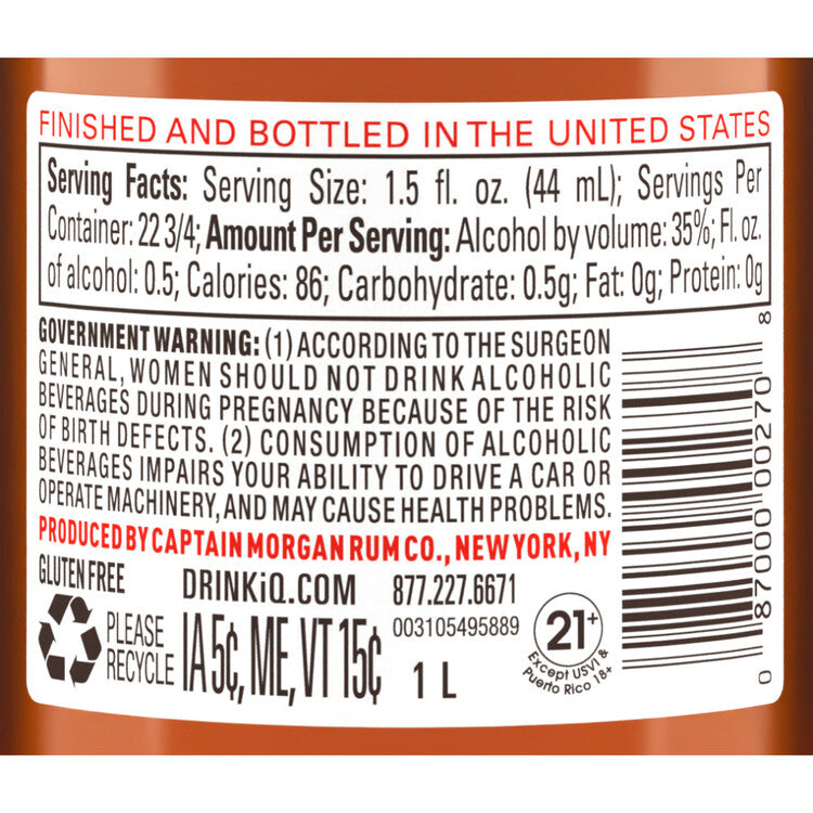 Captain Morgan Spiced Rum Original Real Madagascar Vanilla 70 - 1.0L - Back Label