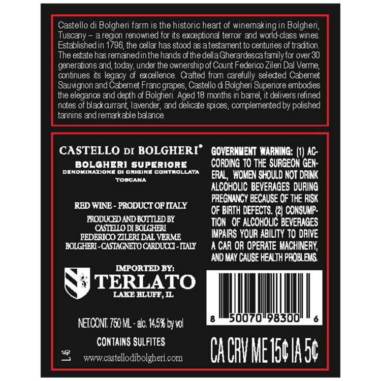 Castello Di Bolgheri Bolgheri Superiore Rosso 2021 Wood Box - 750ML - Back Label