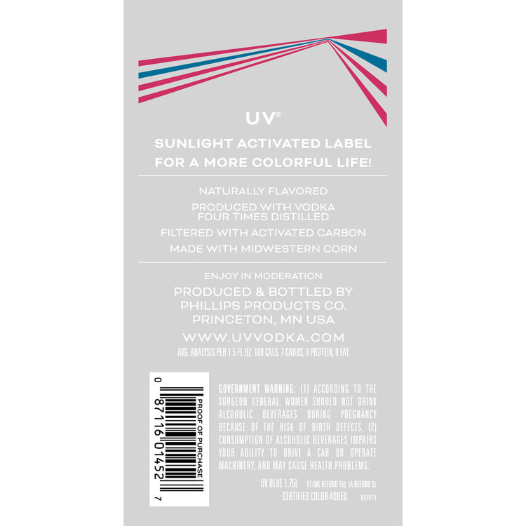 Uv Blue Raspberry Flavored Vodka 60 - 1.75L - Back Label