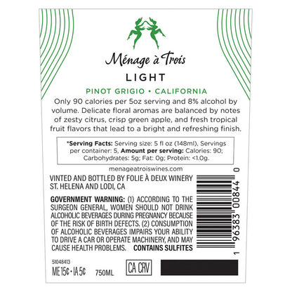 Menage A Trois Pinot Grigio Light California - 750ML - Back Label