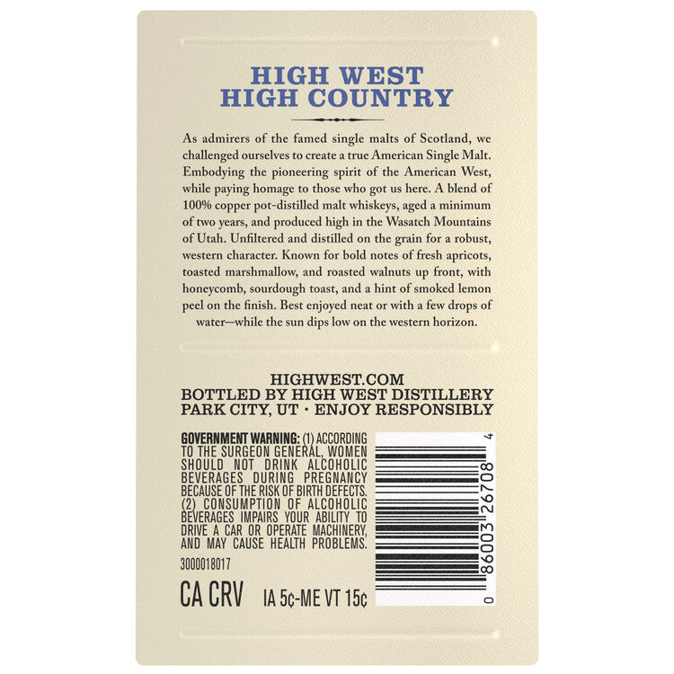 High West American Single Malt Whiskey High Country Limited Release 88 - 750ML - Back Label