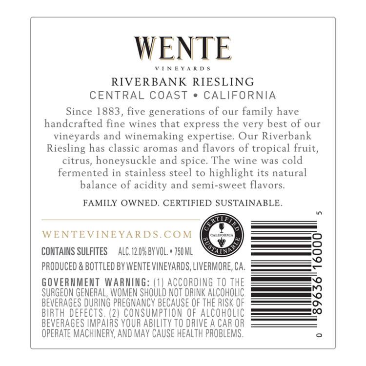 Wente Vineyards Riesling Riverbank Central Coast - 750ML - Back Label