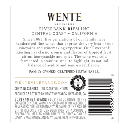 Wente Vineyards Riesling Riverbank Central Coast - 750ML - Back Label