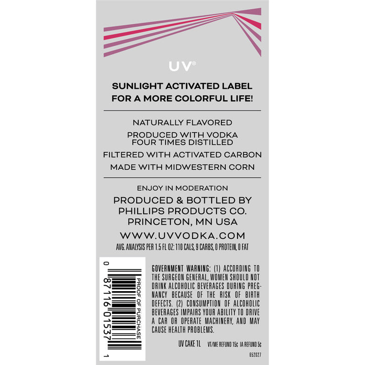 Uv Cake Flavored Vodka 60 - 1.0L - Back Label