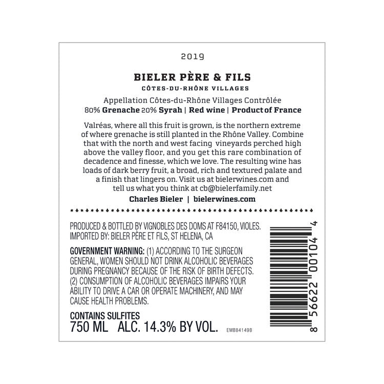Bieler Pere & Fils Cotes Du Rhone Villages Valreas Rouge La Jassine 20 - 750ML - Back Label