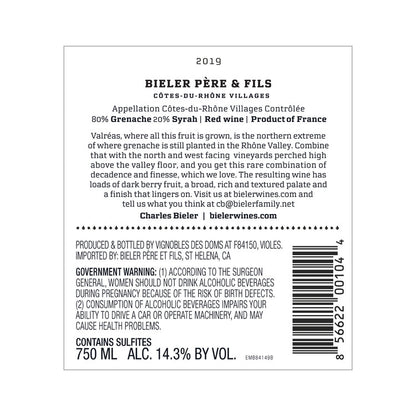 Bieler Pere & Fils Cotes Du Rhone Villages Valreas Rouge La Jassine 20 - 750ML - Back Label