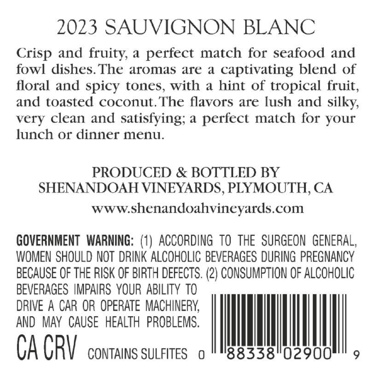 Shenandoah Vineyards Sauvignon Blanc Amador County 2024 - 750ML - Back Label