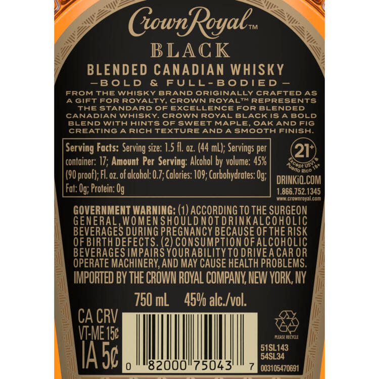 Crown Royal Canadian Whisky Black 90 - 750ML - Back Label