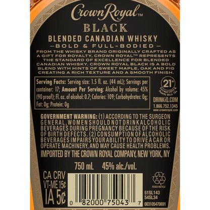 Crown Royal Canadian Whisky Black 90 - 750ML - Back Label