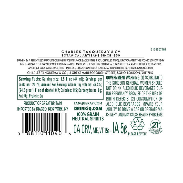 Tanqueray London Dry Gin 94.6 - 1.0L - Back Label