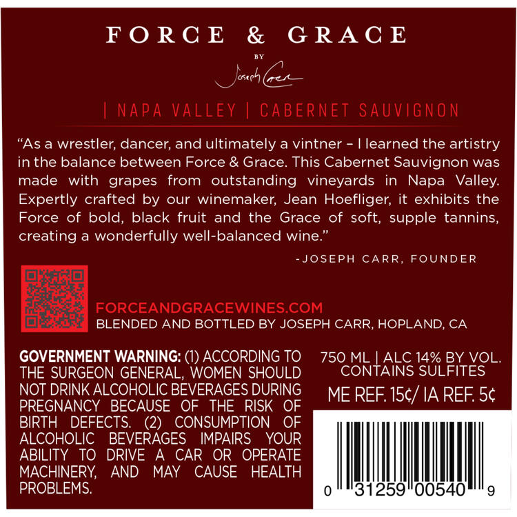 Force & Grace Cabernet Sauvignon Napa Valley 2021 - 750ML - Back Label