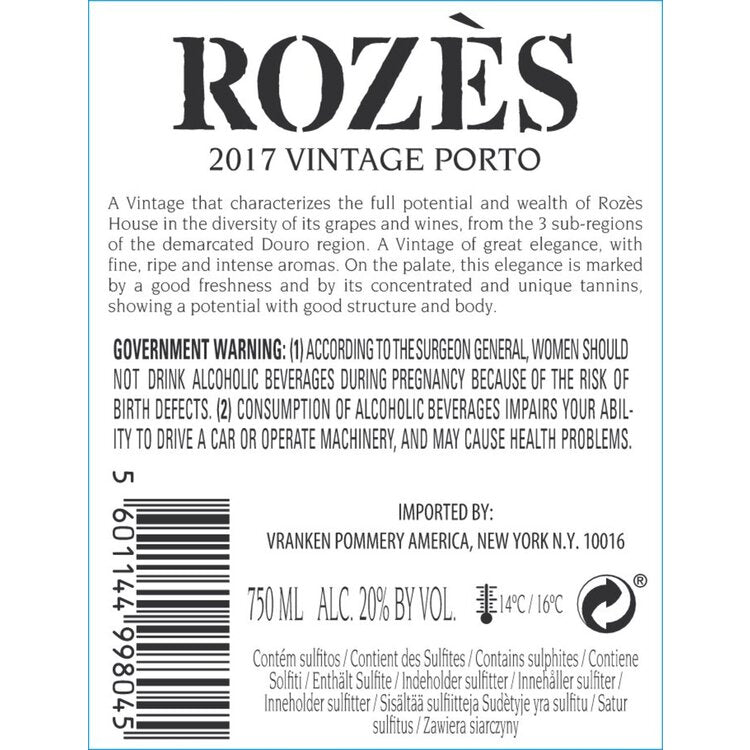 Rozes Porto Vintage 2017 - 750ML - Back Label