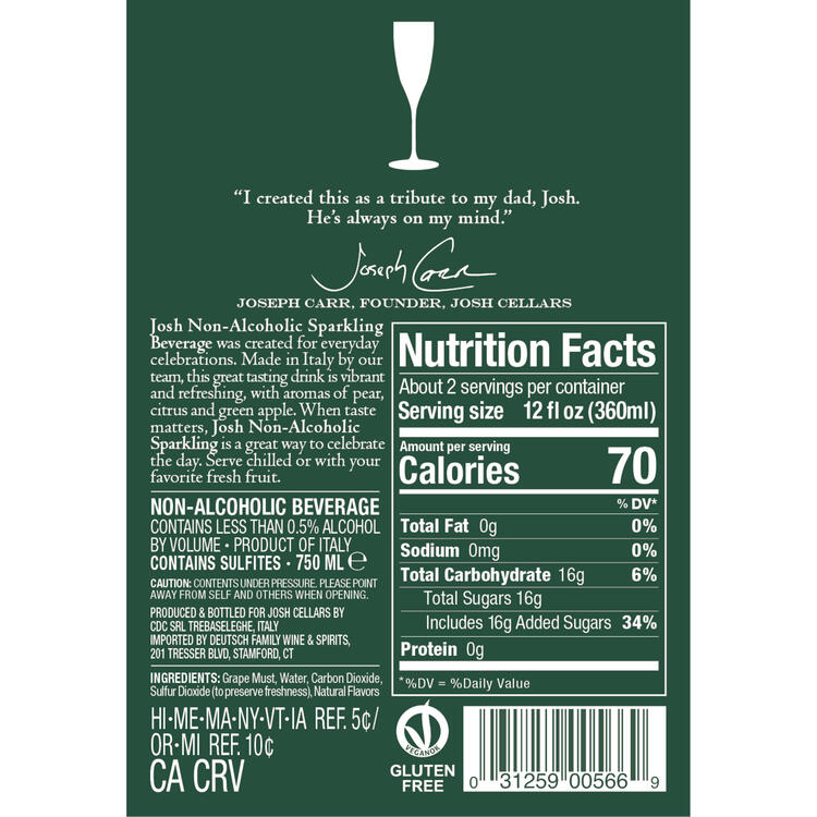 Josh Cellars Sparkling Wine Non Alcoholic - 750ML - Back Label