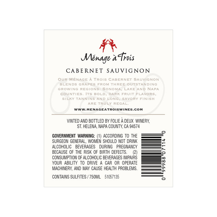 Menage A Trois Cabernet Sauvignon North Coast - 750ML - Back Label