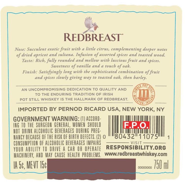 Redbreast Single Pot Still Irish Whiskey 21 Yr 92 - 750ML - Back Label