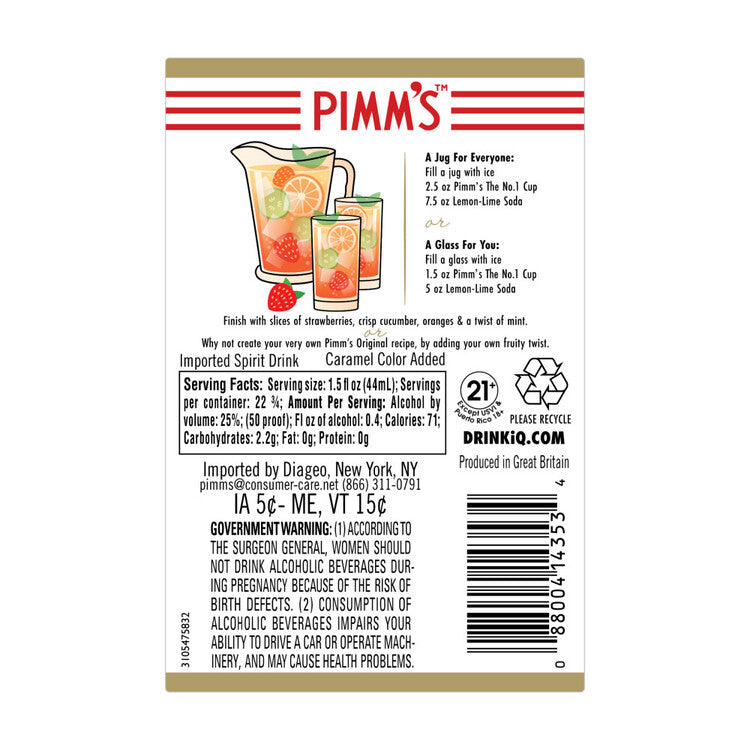 Pimms Gin Liqueur The Original No. 1 Cup 50 - 1.0L - Back Label