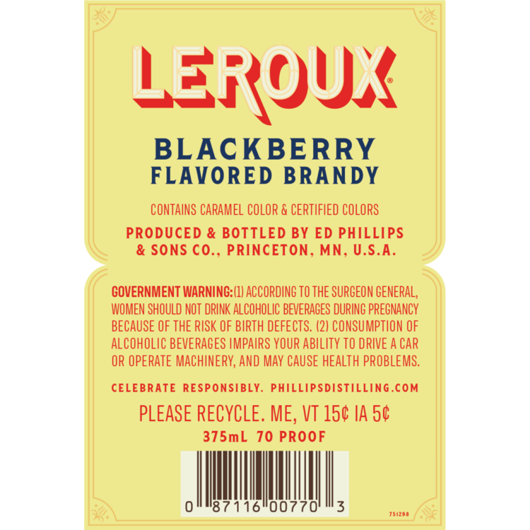 Leroux Blackberry Flavored Brandy Polish Style 70 - 375ML - Back Label