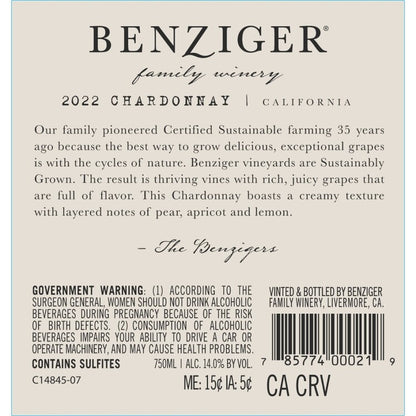 Benziger Family Winery Chardonnay California - 750ML