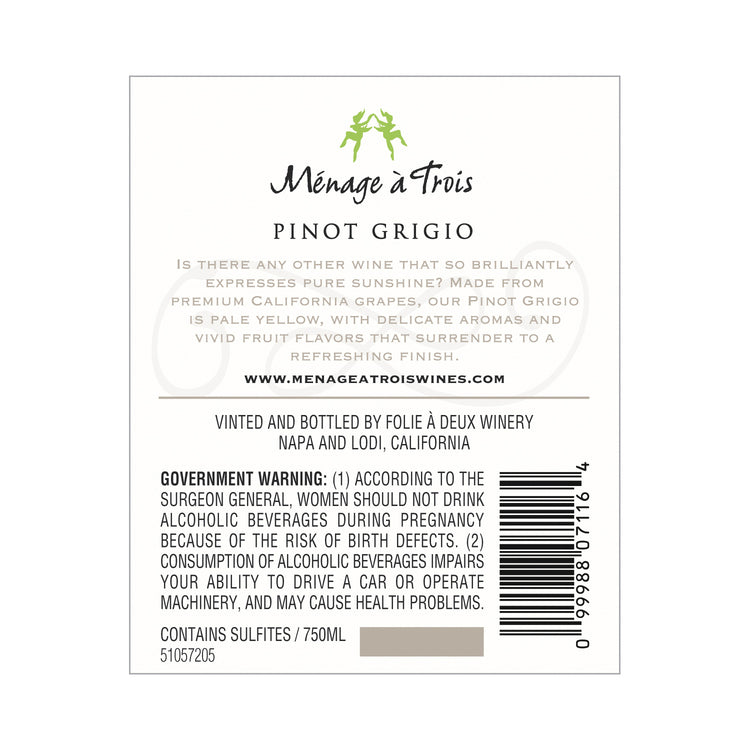 Menage A Trois Pinot Grigio California - 750ML - Back Label