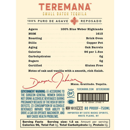 Teremana Tequila Reposado Small Batch 80 - 750ML - Back Label