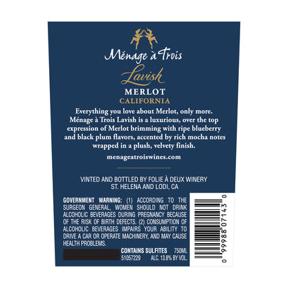 Menage A Trois Merlot Lavish California - 750ML - Back Label