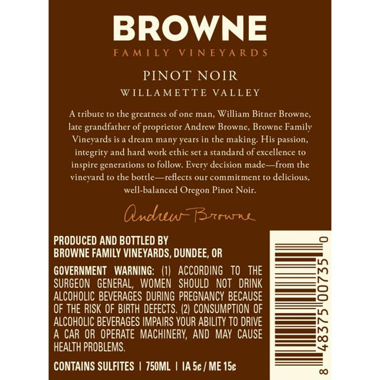 Browne Family Vineyards Pinot Noir Family Vineyards Willamette Valley - 750ML - Back Label