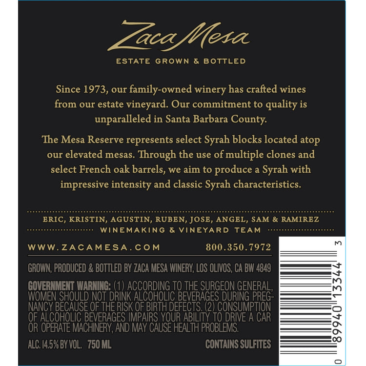 Zaca Mesa Syrah Mesa Reserve Estate Vineyard Santa Ynez Valley 2017 - 750ML