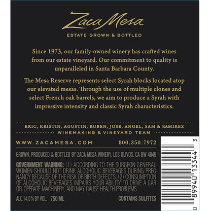 Zaca Mesa Syrah Mesa Reserve Estate Vineyard Santa Ynez Valley 2017 - 750ML