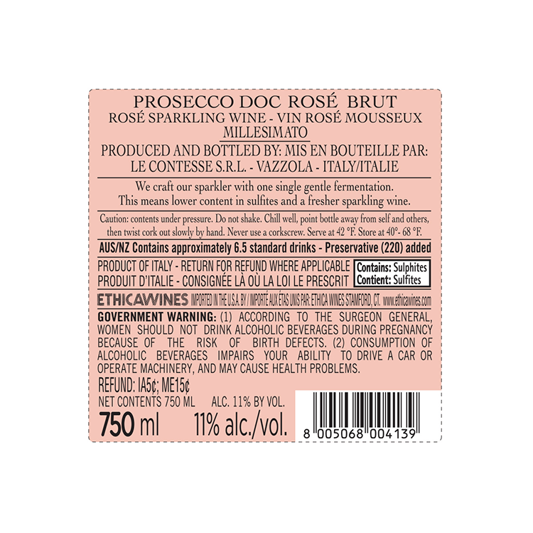 Le Contesse Pinot Noir Rose Brut Italy - 750ML - Back Label