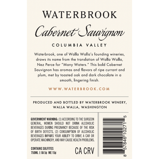 Waterbrook Cabernet Sauvignon Columbia Valley 2022 - 750ML - Back Label