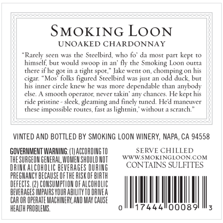 Smoking Loon Chardonnay Unoaked Steelbird California - 750ML - Back Label