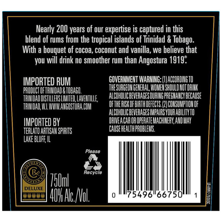 Angostura Gold Rum 1919 80 - 750ML - Back Label