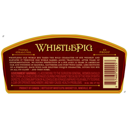 Whistlepig Straight Rye Whiskey Old World 12 Yr 86 - 750ML - Back Label