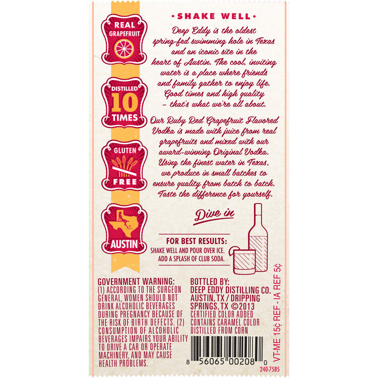 Deep Eddy Ruby Red Grapefruit Flavored Vodka 70 - 750ML - Back Label