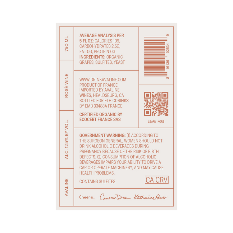 Avaline Rose Wine France Made With Organic Grapes - 750ML - Back Label