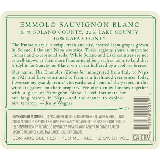 Emmolo Sauvignon Blanc Lake County/Napa County/Solano County Californi - 750ML - Back Label
