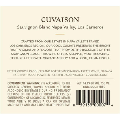 Cuvaison Sauvignon Blanc Estate Grown Carneros 2023 - 750ML - Back Label
