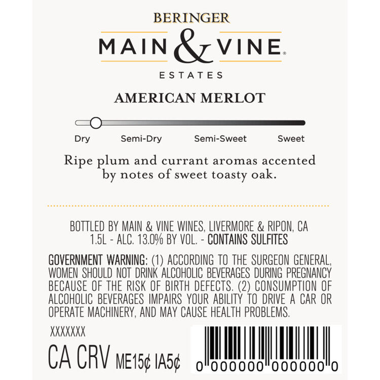 Beringer Main & Vine Merlot California - 1.5L - Back Label