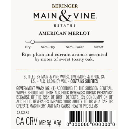 Beringer Main & Vine Merlot California - 1.5L - Back Label