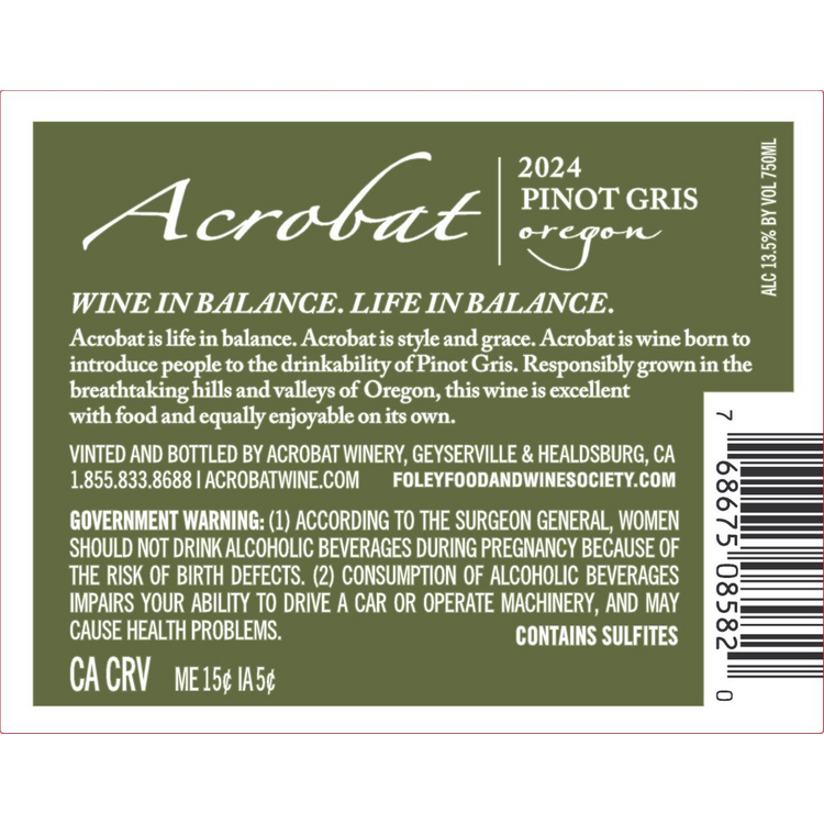 Acrobat Pinot Gris Oregon 2024 - 750ML - Back Label