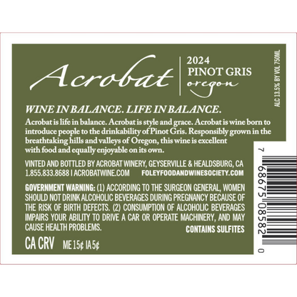 Acrobat Pinot Gris Oregon 2024 - 750ML - Back Label