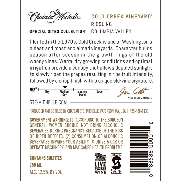 Chateau Ste. Michelle Riesling Cold Creek Vineyard Columbia Valley 202 - 750ML - Back Label