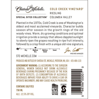 Chateau Ste. Michelle Riesling Cold Creek Vineyard Columbia Valley 202 - 750ML - Back Label