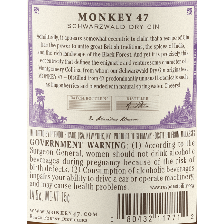 Monkey 47 Dry Gin Schwarzwald 94 - 750ML - Back Label