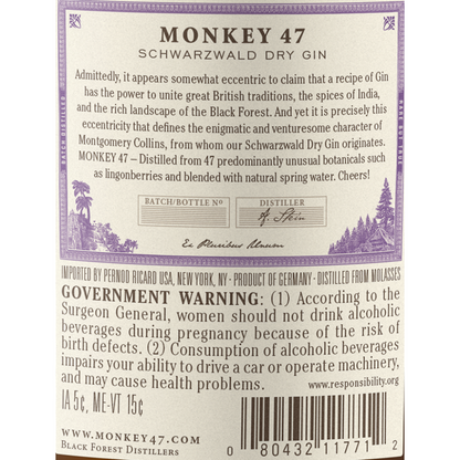 Monkey 47 Dry Gin Schwarzwald 94 - 750ML - Back Label