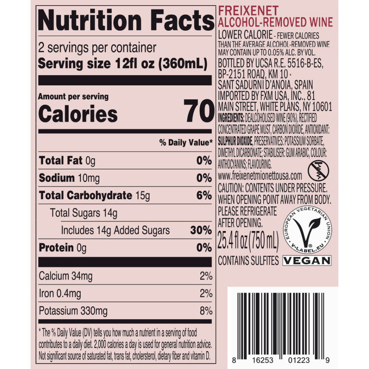Freixenet Legero Rose Alcohol Free Sparkling Wine - 750ML - Back Label