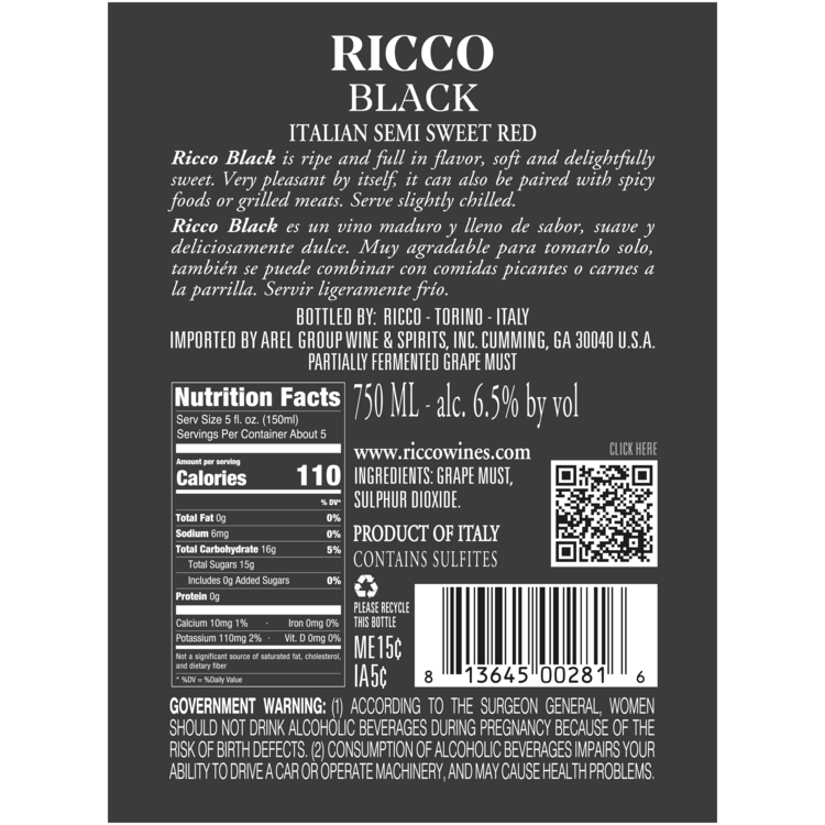 Ricco Sweet Red Dolce Italy - 750ML - Back Label