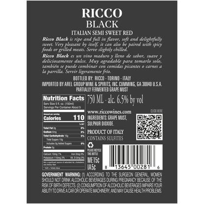 Ricco Sweet Red Dolce Italy - 750ML - Back Label